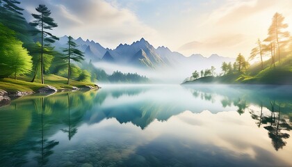 A digital painting of a serene natural setting, a calm lake with reflections of distant mountain