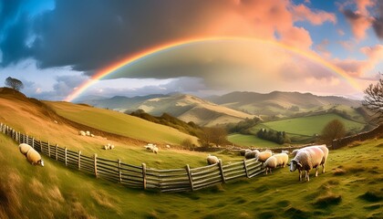 A photograph of a peaceful countryside, rolling hills covered in wildflowers, large rainbow