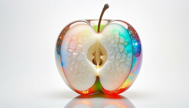 A stunning, close-up image of a sliced apple made of white opal with flecks of rainbow color
