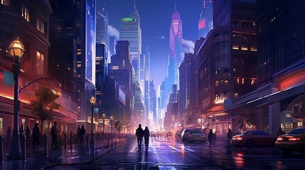 A bustling city street illuminated by neon lights, with towering skyscrapers casting long shadows...