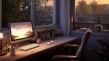 A calming workspace featuring a computer monitor and keyboard accented by the gentle glow of LED lighting, creating a serene environment for work and contemplation.  