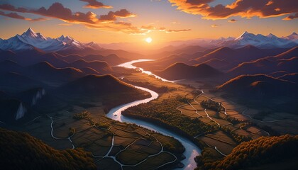 Kingdom between nestled and mountains and rivers, aerial view of the sunset