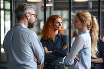 Serious young businesswoman with crossed arms standing in front of her colleagues