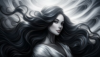 She is exuding serenity, and confidence. Her dark hair flows in voluminous waves
