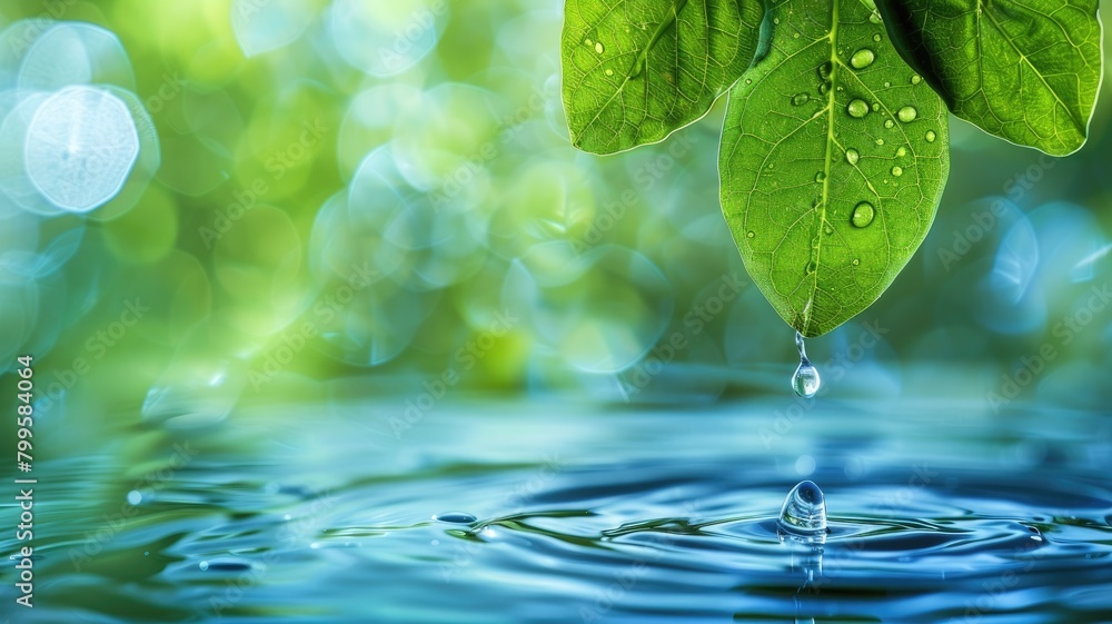 Poster water drop falling from green leaf into calm water with ripples and bokeh effect