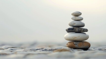 Stack of seven balanced stones on beach at dusk