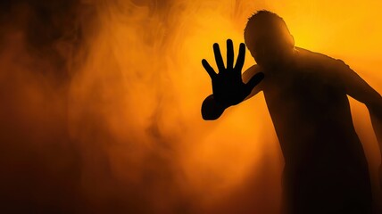 Silhouette of person extending hand towards camera in misty orange ambiance