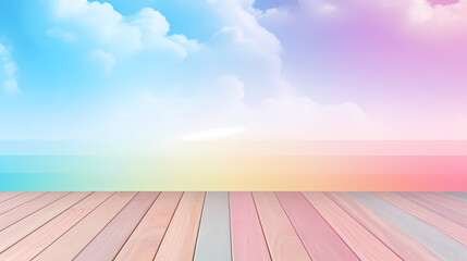 Wooden floor with colorful clouds as background