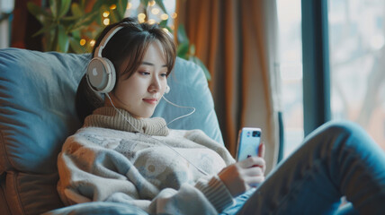Young Asian woman with headphones using mobile phone in armchair at home