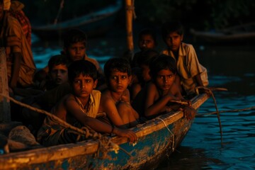 Unidentified Indian children on a boat in Varanasi, Uttar Pradesh, India.