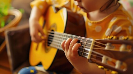Child playing acoustic guitar, focus on hands and guitar strings
