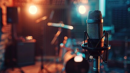 Professional microphone in music studio with blurred background and warm lighting