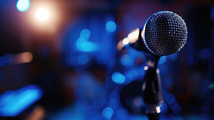 Close-up of microphone on blurred stage background with blue lighting