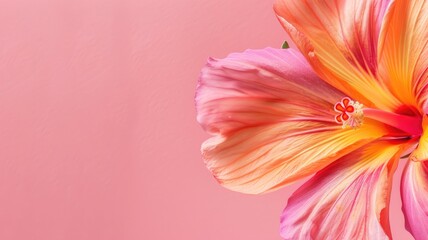 Fototapeta premium Close-up of vibrant pink-orange hibiscus flower against soft pink background