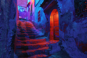 Vibrant Neon-Lit Arabic Style Alleyway at Night with Purple Blue Red Stairs