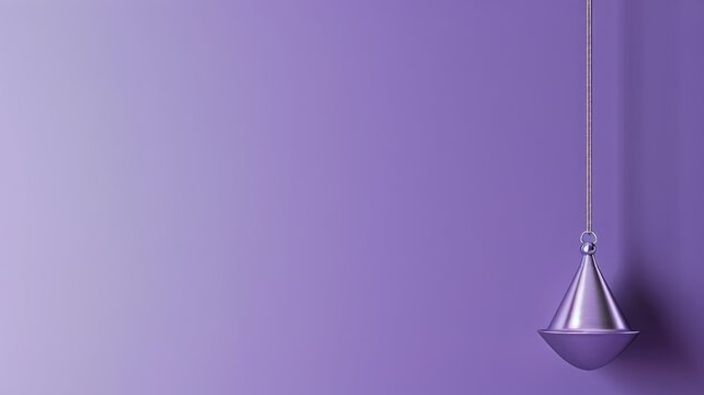 Silver-colored pendulum suspended against purple background