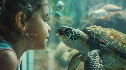 Young girl staring at sea turtle through aquarium glass