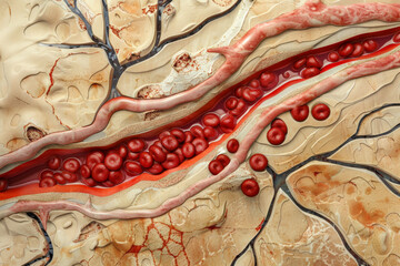 Illustrative cross-section of human blood vessels showing red blood cells and plaque buildup, highlighting the concept of cholesterol and circulatory health.