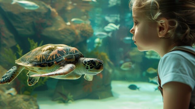 Young girl observing sea turtle in aquarium, with awe
