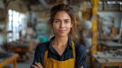 Artisan Woman with Mustard Apron in Authentic Workspace