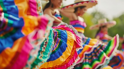 A traditional dance performance with dancers twirling in vibrant skirts and colorful sombreros...