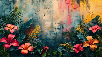 A vibrant geometric jungle design, featuring overlapping diagonal layers in shades of green that mimic jungle foliage, enhanced with bright floral pink and yellow accent