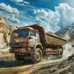 Diesel-powered coal trucks are at mining sites making delivery trips on rocky and sandy roads. Sunny weather background with sunlight reflection