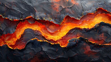 An abstract interpretation of a volcanic landscape, with intense diagonal layers of red and orange evoking the heat and fluidity of lava flows.