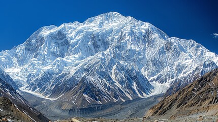 Imposing mountain with snow-laden peaks under a brilliant blue sky, exemplifying the majesty of untouched nature