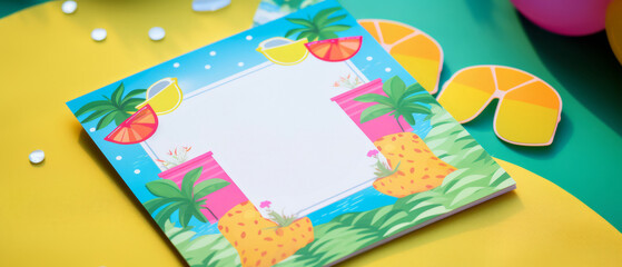 Fototapeta premium Summer-themed party invitations on a flat, brightly colored background,