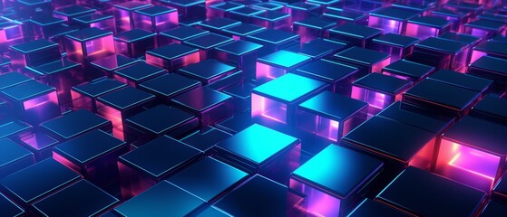 Futuristic technology concept, 3D rendered cubes in a seamless pattern, neon colors, ideal for innovative tech backgrounds,