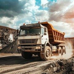 Diesel-powered coal trucks are at mining sites making delivery trips on rocky and sandy roads. Sunny weather background with sunlight reflection