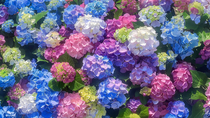 画面いっぱいの色とりどりのカラフルなあじさいの背景