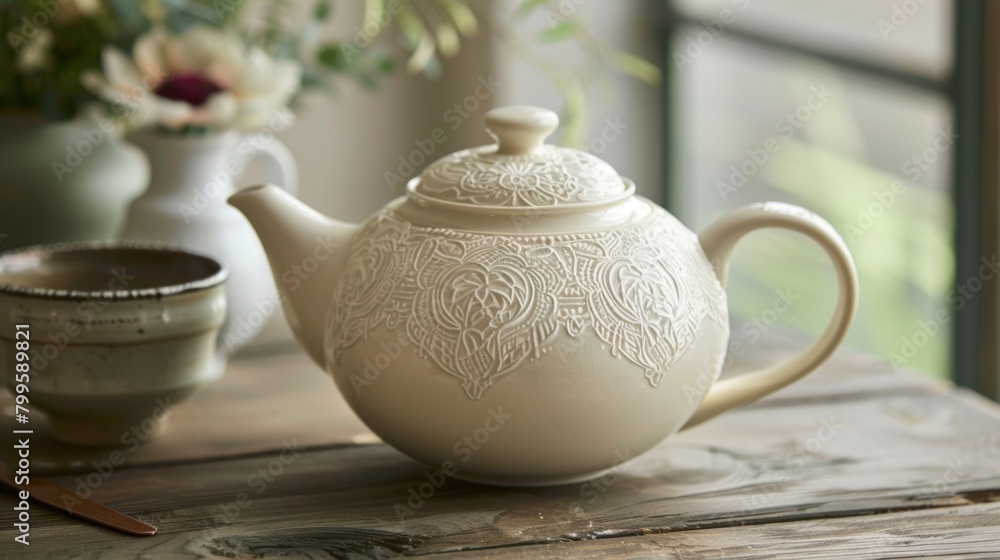 Poster A ceramic teapot is adorned with a delicate lace pattern created by pressing a doily into the surface and carefully removing it to leave a beautiful imprint..
