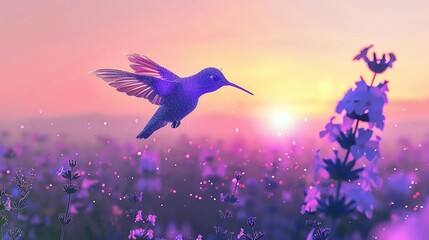 Capture a metallic hummingbird mid-flight against a lavender sunset in a pixelated