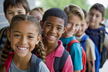 Portrait of smiling schoolchildren standing with backpacks in school corridor