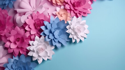 Colorful paper flowers isolated on blue background with smooth aesthetic color. 3D render illustration of paper cut with copy space on the background.