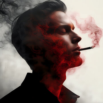 smoke man illustration by ethan watkins, in the style of intense texture collage, mysterious beauty, light black and red, detailed atmospheric , feminine imagery, fluid formation- generated by ai