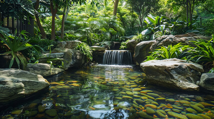 Tranquil Garden Retreat with Cascading Water Features and Abundant Flora 
