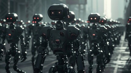 Dystopian chip rebellion, robots marching, dark scifi aesthetic, - obrazy, fototapety, plakaty