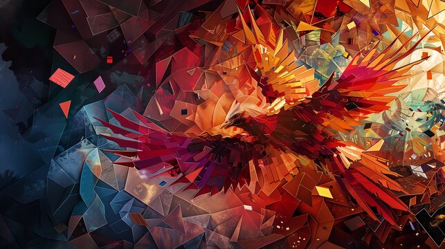 Embrace the challenge of depicting a phoenix soaring amidst a storm of geometric patterns, the camera positioned at a daringly skewed angle, emphasizing its fiery rebirth