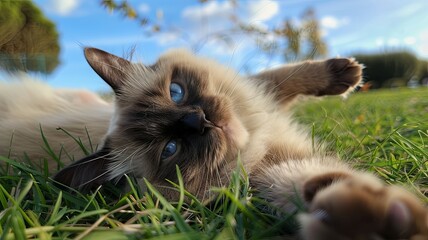 Blue-eyed cat enjoying the sunshine on grass - A captivating blue-eyed Ragdoll cat laying down on a lush green field under a bright sunny sky - obrazy, fototapety, plakaty