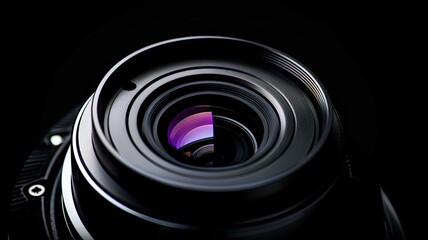 Close-up of a professional camera lens - A close-up shot capturing the intricate details and craftsmanship of a professional camera lens in isolated darkness - obrazy, fototapety, plakaty