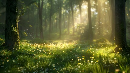 Sunlight filters through the trees in a beautiful spring forest scene, casting light on the vibrant green grass and ground's wildflowers, perfect for an overlay of text. - obrazy, fototapety, plakaty