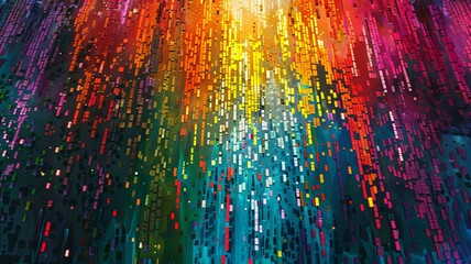 Vibrant abstract digital rain computer concept - A colorful and vivid digital art piece that illustrates data streaming down like rain in a digital landscape - obrazy, fototapety, plakaty