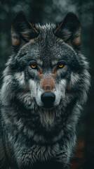 Fototapeta premium Close-up portrait of a majestic wolf - A detailed and intense close-up of a grey wolf's face, showcasing its piercing eyes and textured fur