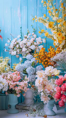 Diverse floral arrangement on blue backdrop - A diverse and elegant floral arrangement sits against a striking blue background, showing depth and vibrancy in flower design - obrazy, fototapety, plakaty