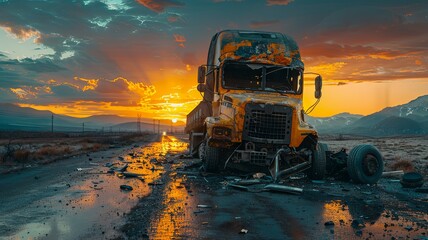 Sunset over a wrecked truck on a highway - A dramatic sunset looms behind the wreckage of a truck on a deserted highway, evoking feelings of nostalgia and transient beauty - obrazy, fototapety, plakaty