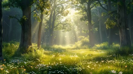 Sunlight filters through the trees in a beautiful spring forest scene, casting light on the vibrant green grass and ground's wildflowers, perfect for an overlay of text. - obrazy, fototapety, plakaty