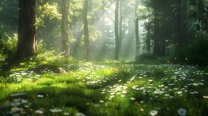 Fototapeta premium Sunlight filters through the trees in a beautiful spring forest scene, casting light on the vibrant green grass and ground's wildflowers, perfect for an overlay of text.